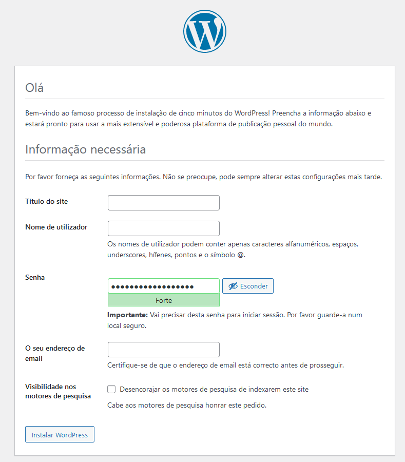 Configuração da instalação do WordPress no PC