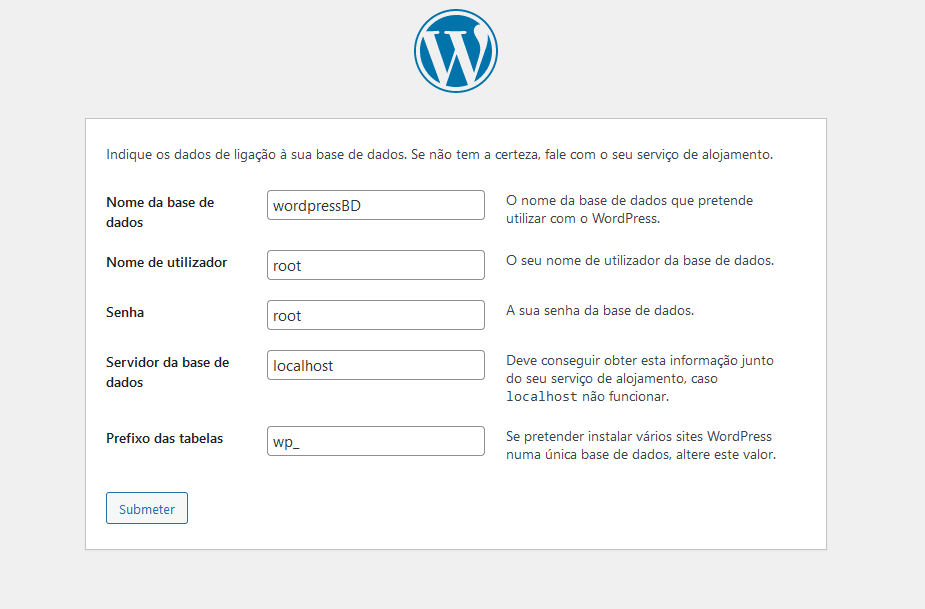 Dados da instalação do WordPress no PC