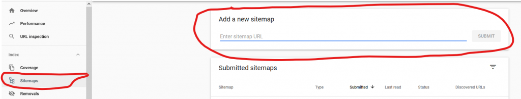 Pagina Sitemaps do Google Search Console