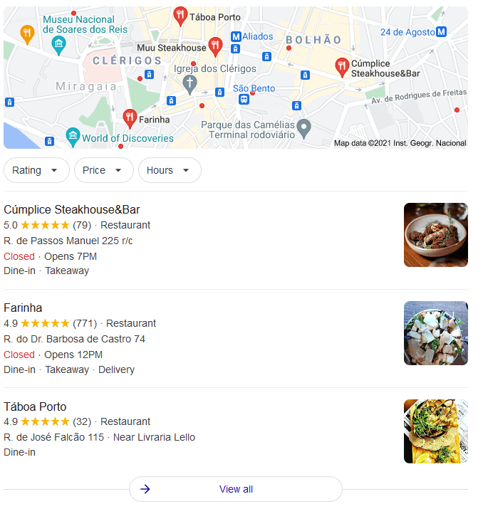 Os resultados da pesquisa Google Maps por restaurante porto