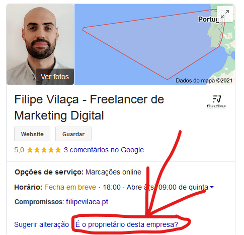 Painel de Conhecimento para o Filipe Vilaça - Freelancer de Marketing Digital. Focando no link "É o proprietário desta empresa?"